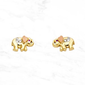 14K Gold Elephant Post Earrings • Real 14K Tri-Gold Elephant Stud Earrings • Dainty and Petite Elephant Post Earrings •