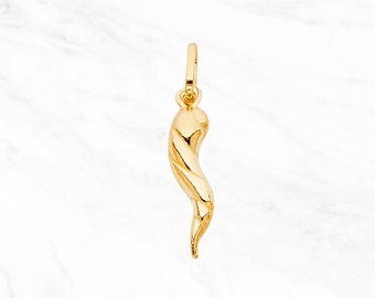 14K Gold Twisted Horn Cornicello Pendant, Real Gold Italian Horn Cornicello Charm, 14K Yellow Gold Pendant, 14K Gold Lucky Horn Charm