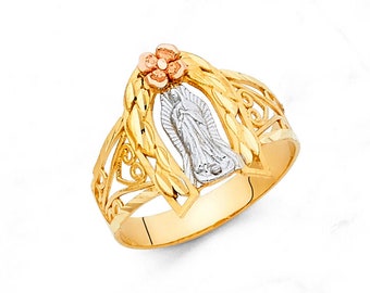 14K Gold Floral Lady of Guadalupe Ring, Real 14K Tri-Color Gold Virgin Mary Ring, Virgin de Guadalupe Ring