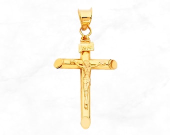 14K Gold Crucifix Pendant • Real Yellow Gold Crucifix Cross • Minimal Religious Christian Pendant • Baptism Gift