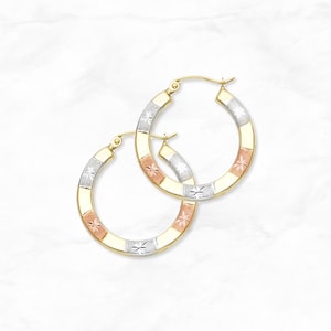 14K Tri Gold Striped Hoop Earrings • Diamond Cut Hoops • Real 14K Tri Color Gold Hoops • Medium Hoop Earrings •