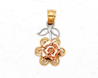 Colgante de rosa invertida de oro de 14 quilates • Colgante de flor de oro tricolor de 14 quilates auténtico • Colgante de oro rosa • Colgante de oro tricolor