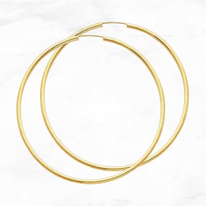 Large 14K Gold Hoop Earrings • 65 mm width • 2 mm thick • Round Tube Gold Hoop Earrings • Real Yellow Gold Hoops • Polished Continuous Hoops