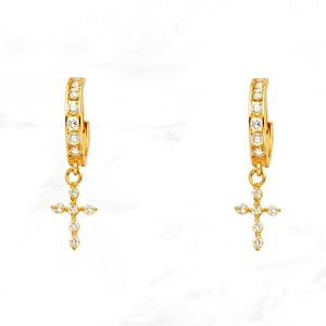 14K Gold Cross Dangle Hinged Huggie Hoops, Real Yellow Gold Huggie, Hanging Cross Drop Hoops, Religious Huggie Hoop CZ Earrings