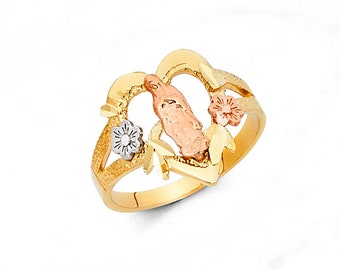 14K Tri Gold Lady of Guadalupe Ring • Real 14K Tri Tone Gold Virgin Mary Ring • Gold Virgin de Guadalupe Ring • Minimalist Design