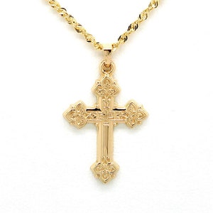14K Gold Floral Cross Necklace • Real Yellow Gold Cross Pendant Necklace Set • Solid 14K Yellow Gold Rope Chain w/ Diamond Cut Cross Charm