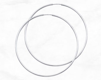 14K White Gold Hoop Earrings • 55 mm • Large Gold Tube Hoop Earrings • Real Gold Hoops • Polished Continuous Hoops