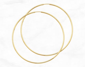14K Gold Hoop Earrings • 55 mm width • Large Gold Tube Hoop Earrings • Real Yellow Gold Hoops • Polished Continuous Hoops