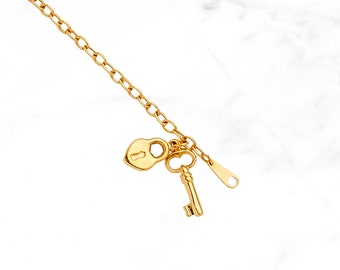 14K Gold Keys-To-My-Heart Charm Bracelet, Real Yellow Gold Link Bracelet, Minimal Gold Heart Key Lock Chain Bracelet,