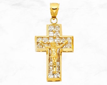 14K Gold Crucifix Cross Pendant with Gems, Real 14K Gold CZ Crucifix, Cubic Zirconia Gem Gold Cross, Religious Pendant, Baptism Gift