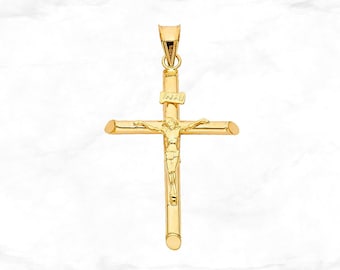 14K Gold Crucifix Pendant • Medium Crucifix Cross Charm • Real Yellow Gold Cross • Minimal Religious Christian Pendant Valentine's Gift