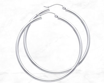 14K White Gold Hoops • 45 mm width • 2 mm thick • Round Tube Gold Hoop Earrings • Real White Gold Hoops • Latch Back Hoops