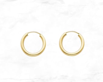 Small 14K Gold Hoop Earrings, 15 mm width, 2 mm thick, Round Tube Gold Hoop Earrings, Real Yellow Gold Polished Endless Hoops