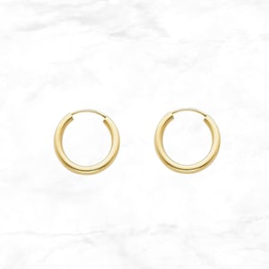 Small 14K Gold Hoop Earrings, 15 mm width, 2 mm thick, Round Tube Gold Hoop Earrings, Real Yellow Gold Polished Endless Hoops