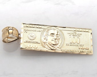 10Kソリッドイエローゴールド100ドルペンダント - 100ドル札チャーム