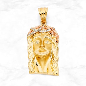 Gran pieza de Jesús en oro de 14 quilates con gemas, colgante de cabeza de Cristo en oro amarillo, blanco y rosa auténtico, colgante de Jesús de 3 colores para hombre, regalo religioso