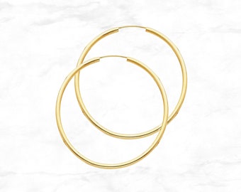 14K Gold Hoop Earrings • 35 mm width • 2 mm thick • Round Tube Gold Hoop Earrings • Real Yellow Gold Polished Endless Hoops