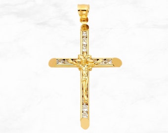 14K Gold Crucifix Cross Pendant with Gems, Real 14K Gold CZ Crucifix, Cubic Zirconia Gem Gold Cross, Religious Pendant, Baptism Gift