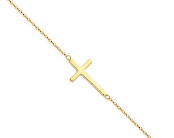 14K Gold Sideways Cross Bracelet, Real Gold Cross Pendant Bracelet, Minimal Yellow Gold Cross Chain Bracelet