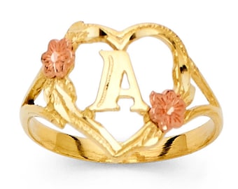 10K Gold Flower Heart Initial Ring, A-Z, Yellow White Rose Gold Letter Ring, Alphabet Ring, Real Gold Initial Ring
