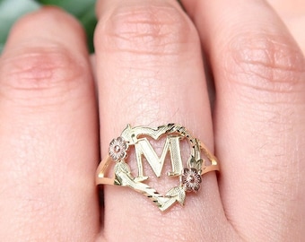 14K Gold Flower Heart Initial Ring • Any Letter A-Z • Real Yellow, Rose Gold Letter Ring • Two Tone Gold Alphabet Ring