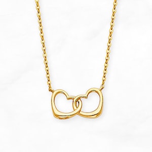 Petite Linked Hearts Necklace, Real 14K Gold Heart Necklace, Double Hearts Necklace, Minimal Pendant Necklace,