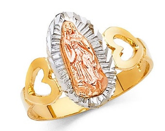 14K Tri Tone Gold Virgin Mary with Hearts Ring, Real 14K Gold Virgin de Guadalupe Ring, Tri Color Gold Lady of Guadalupe Ring