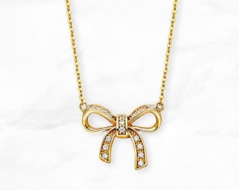 14K Ribbon Pendant Necklace With Gems, Real Yellow Gold 14K Ribbon Pendant Necklace With Gems, Real Yellow Gold