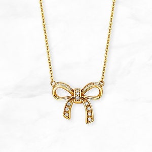 14K Ribbon Pendant Necklace with Gems, Real Yellow Gold Ribbon Charm Necklace, Cubic Zirconia Bow Necklace
