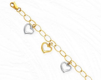 14K Gold Heart Charm Bracelet • Real Two Tone Gold Charm Link Bracelet • 2 Color Yellow and White Gold Minimal Heart Chain Bracelet