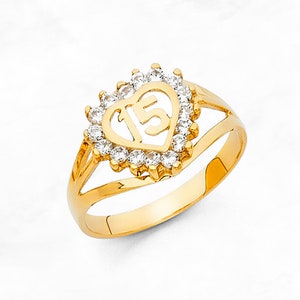 14K Gold Quince Heart Ring, Real Gold 15 Años Ring, Quinceañera Heart Ring with Gems, Daughter Gift, 15th Birthday Ring