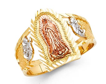 14K Gold Virgin Mary Ring, Real Tri Tone Gold Virgin de Guadalupe Ring, Tri Color Gold Lady of Guadalupe Ring