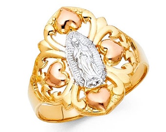 14K Gold Virgin Mary with Hearts Ring, Real 14K 3 Color Gold Virgin de Guadalupe Ring, Tri Tone Gold Lady of Guadalupe Ring