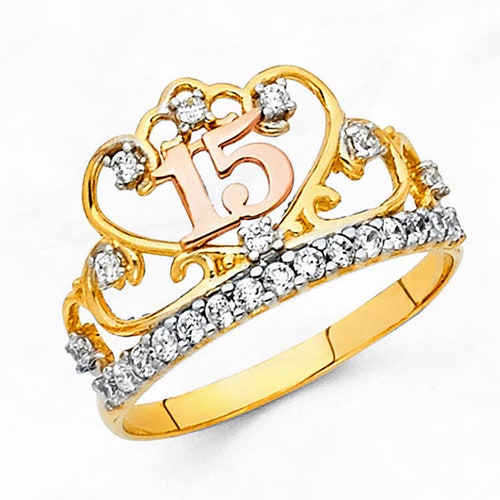 Solid 10K Gold Quinceañera Tiara Ring Twotone Real Gold 15 Etsy