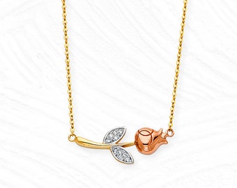 14K Gold Dainty Rose Necklace • Real 14K Tri Gold Necklace • Tri-Color Gold Floating Rose Pendant • Flower Necklace