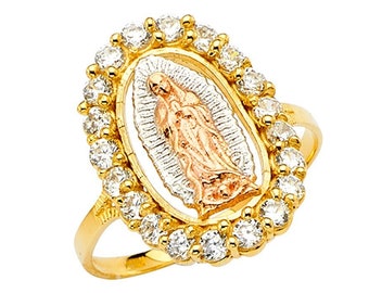 14K Gold Virgin Mary Ring with CZ Gems, Real 14K Tri Tone Gold Virgin de Guadalupe Ring, 3 Color Lady of Guadalupe Ring