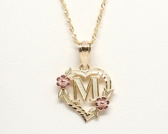 14K Flower Heart Initial Necklace • Gold Letter A-Z Charm Necklace