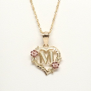 14K Flower Heart Initial Necklace • Gold Letter A-Z Charm Necklace Set • Real Yellow Rose Gold Alphabet