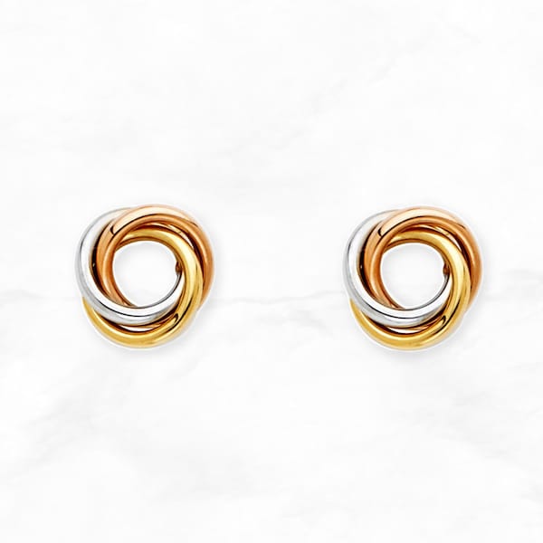 Circle Love Knot Earrings, 14K Tri-Color Gold Love Knot Earrings, Real 14K Tri-Tone Gold Love Knot Studs