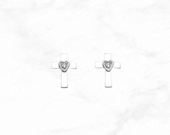 14K White Gold CZ Cross Heart Earrings w/ Screw Back, Real White Gold Cross Studs, Minimal Petite Dainty Small Cross Studs,