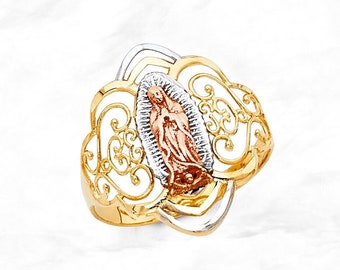 14K Gold Virgin Mary Ring, Real 14K Tri Tone Gold Virgin de Guadalupe Ring, Tri Color Gold Lady of Guadalupe Ring