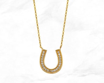 14K Gold Horseshoe Pendant with Gems Necklace, Real Yellow Gold Lucky Charm Necklace, Gold Horse Shoe Necklace