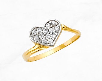 Gem Heart Ring, Real 14K Gold Minimal Heart Ring, Cubic Zirconia Gems, Petite Dainty Gemmed Gold Ring