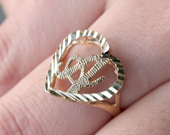 10K Gold Heart Initial Ring, A-Z, Letter Ring, Real Gold Diamond Cut Alphabet Ring, Yellow Gold Statement Ring with Any Letter
