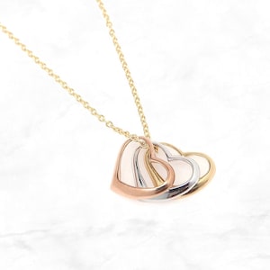 14K Gold Tri Color Heart Necklace, Real Tri Tone 3 Heart Pendant Necklace, 14K Three Gold Heart Charm Necklace