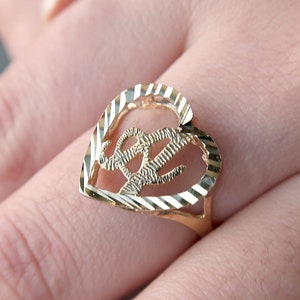 10K Gold Heart Initial Ring, A-Z, Letter Ring, Real Gold Diamond Cut Alphabet Ring, Yellow Gold Statement Ring with Any Letter