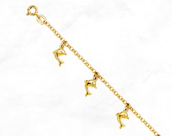 14K Gold Dolphin Charm Bracelet • Real Yellow Gold Charm Link Bracelet • Minimal Gold Dolphin Chain Bracelet