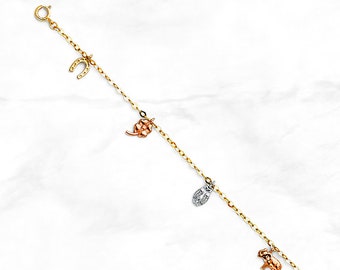 14K Gold Lucky Charm Bracelet • Real Tri Color Gold Chain Bracelet • Tri Color 13 Bracelet • Tri Gold Lucky Symbols Bracelet