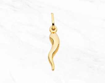 14K Gold Lucky Horn Cornicello Pendant • Dainty Italian Horn Cornicello Charm • Real 14K Yellow Gold Pendant