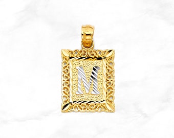 Colgante cuadrado con inicial de oro macizo de 14 quilates, colgante con marco de alfabeto de oro bicolor auténtico, dije personalizado con letra A-Z de oro de 14 quilates.
